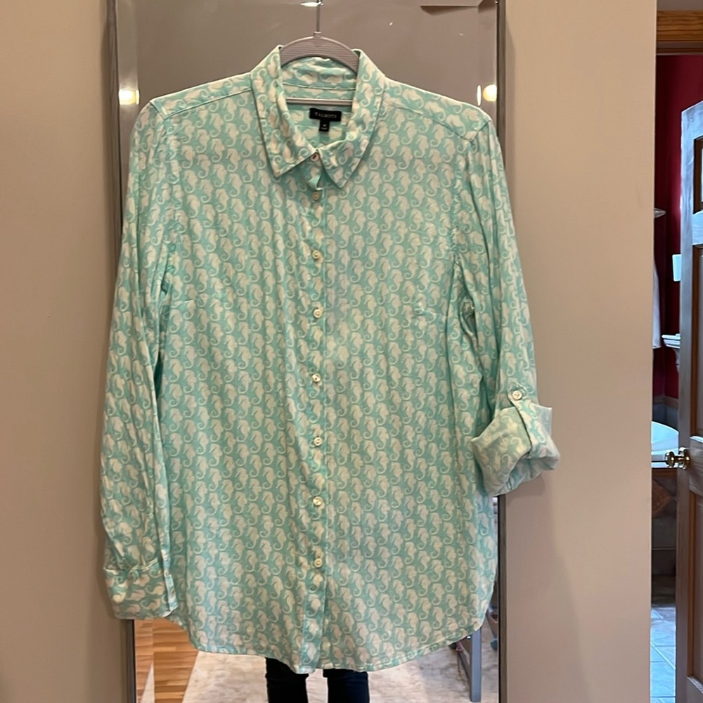Talbots seahorse print long cotton sleeve shirt with roll up sleeves. Medium